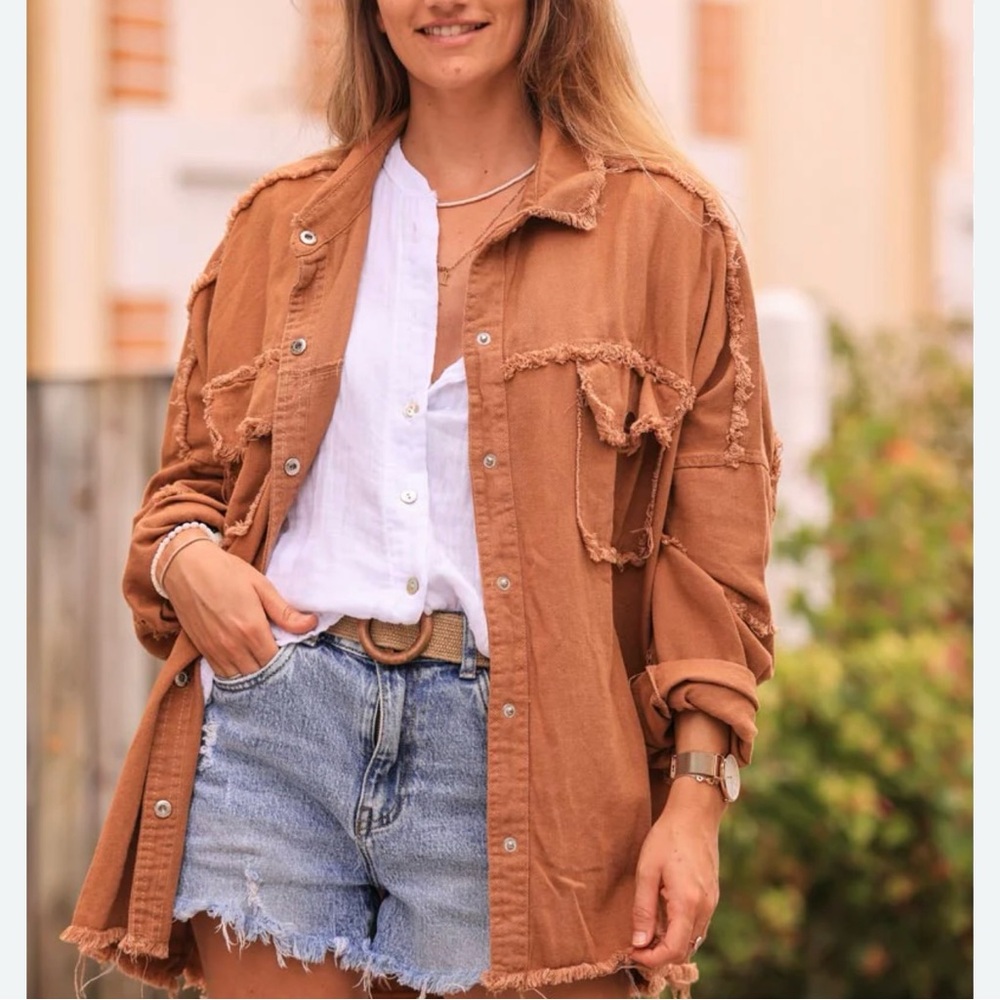 Western Tan Beaded Baggy Denim Cowgirl Jacket Size 8/10